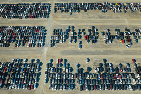 Aerial view of auction reseller company big parking lot with parked cars ready for remarketing...
