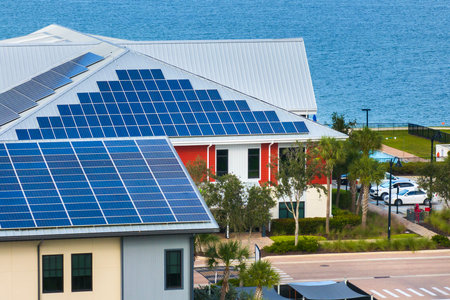 Photovoltaic panels on solar rooftops of Florida commercial buildings for producing clean ecological...