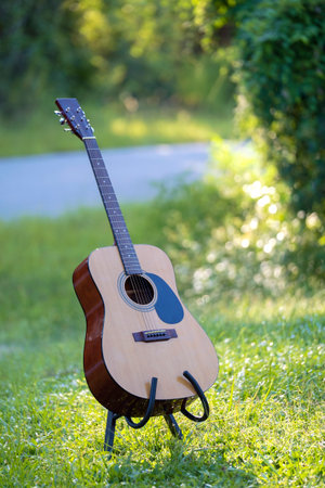 Acoustic guitar outdoors on greenery background. Concept of calm music