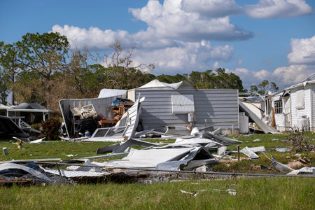 Aftermath of natural disaster in southern Florida. Badly damaged mobile homes after hurricane swept through residential areaの写真素材