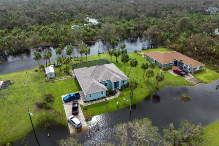 Flooded houses by hurricane Ian rainfall in Florida residential area. Consequences of natural disasterの写真素材