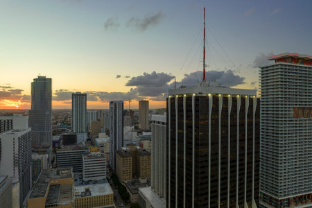 Aerial view of downtown office district of of Miami Brickell in Florida, USA at sunset. High...