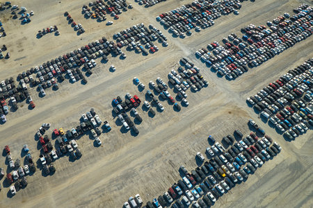 Used damaged cars on auction reseller company big parking lot ready for resale services. Sales of...