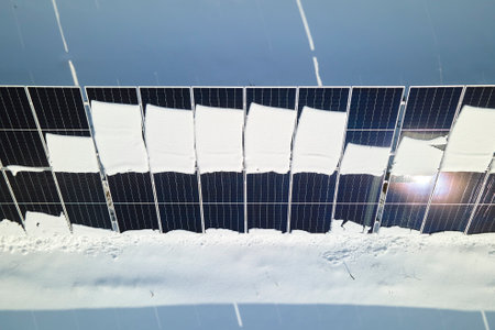 Aerial view of electrical power plant with solar panels covered with snow melting down in winter end...