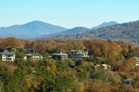 Aerial view of expensive american homes on hilltop in North Carolina mountains residential area. New family houses as example of real estate development in USA suburbsの写真素材