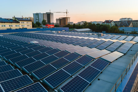 Aerial view of solar power plant with blue photovoltaic panels mounted on industrial building roof...