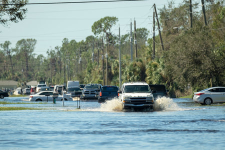 Flooded american street with moving vehicles surrounded with water in Florida residential area. Consequences of hurricane natural disasterの写真素材