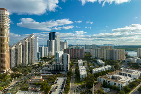 High angle view of Sunny Isles Beach city with expensive highrise hotels and condo buildings on...