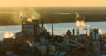 Huge factory with high chimneys polluting atmosphere with carbon dioxide smoke from production...