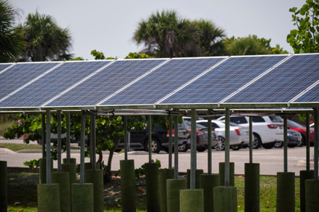 Solar panels installed on stand frame near parking lot for effective generation of clean...