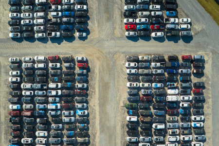 Used damaged cars on auction reseller company big parking lot ready for resale services. Sales of...