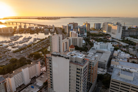 Above view of Sarasota city, Florida with waterfront office high-rise buildings. Development of housing and transportation in the USの写真素材