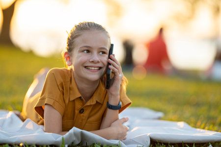 Positive child girl talking on her mobile phone with a friend outdoors in summer park