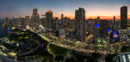 Aerial view of downtown office district of of Miami Brickell in Florida, USA at night. High commercial and residential skyscraper buildings in modern american megapolisの写真素材