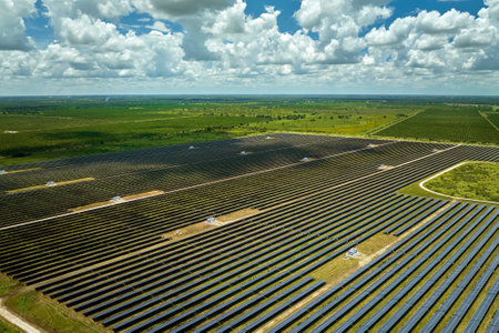 Aerial view of large sustainable electrical power plant with rows of solar photovoltaic panels for...