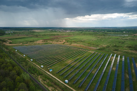 Aerial view of solar power plant on green field. Electric farm with panels for producing clean...