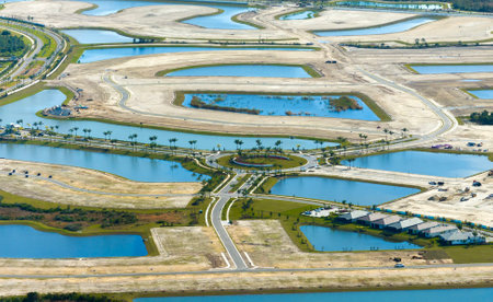 Development of residential housing in American suburbs. Beginning of construction works on prepared...