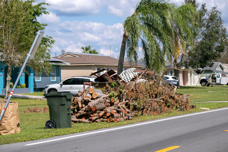 Heaps of limbs and branches debris from hurricane winds on street side waiting for recovery truck pickup in residential area. Consequences of natural disasterの写真素材