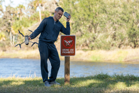 Man is sad that he is not allowed to fly his quadcopter state park no drone area. Operator is...