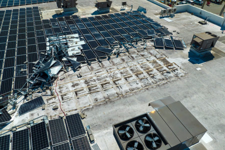 Top view of destroyed by hurricane Ian photovoltaic solar panels mounted on industrial building roof...
