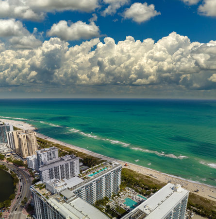 Panoramic view of Miami Beach urban landscape. South Beach high luxurious hotels and apartment buildings. Travel destination in the USAの写真素材