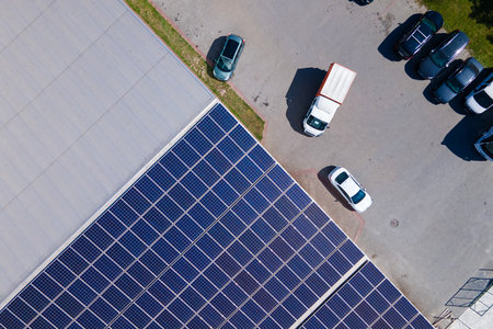 Solar rooftop on commercial structure. Photovoltaic panels for producing of clean ecological...