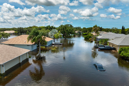 Flooded Florida street with stuck car after hurricane Debby rainfall surrounded with water. Consequences of natural disasterの写真素材
