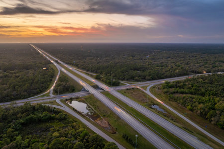 Elevated view of freeway exit junction over road lanes with fast moving traffic cars and trucks at sunrise. Interstate transportation infrastructure in USAの写真素材