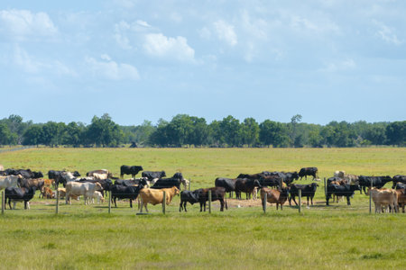 Free range cows grazing on green farm pasture. Feeding of cattle on farmland grasslandの写真素材