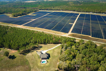 Aerial view of a house near big electric power plant with many rows of solar photovoltaic panels for...