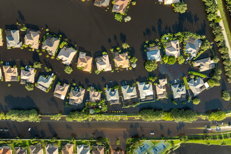 Flooded houses from hurricane Debby rainfall water in Laurel Meadows community in Sarasota, Florida. Aftermath of natural disaster in USA southの写真素材