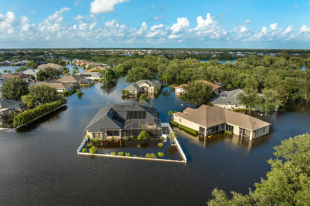 Flooded residential area with underwater houses from hurricane rainfall water in Florida suburban...