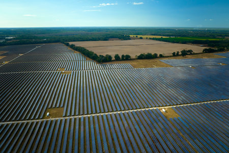 Aerial view of large sustainable electrical power plant with rows of solar photovoltaic panels for...