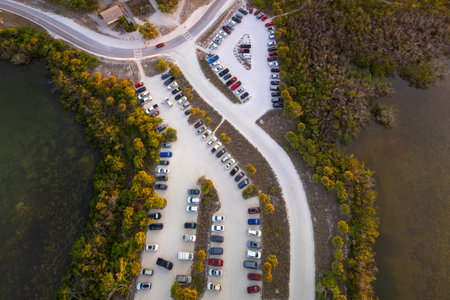 Aerial view of cars parked on a parking lot. Vacation on beachfront in Southern Floridaの写真素材
