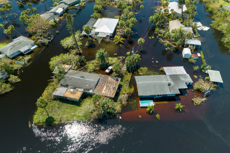 Aftermath of natural disaster. Surrounded by hurricane Ian rainfall flood waters homes in Florida...
