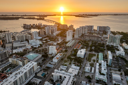 Above view of Sarasota city, Florida with waterfront office high-rise buildings and causeway leading from downtown to St. Armands Key. Development of housing and transportation in the USの写真素材