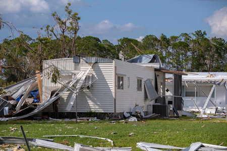 Aftermath of natural disaster in southern Florida. Badly damaged mobile homes after hurricane swept through residential areaの写真素材