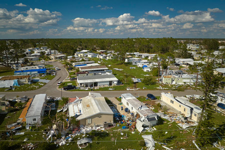 Destroyed by hurricane Ian suburban houses in Florida mobile home residential area. Consequences of natural disasterの写真素材