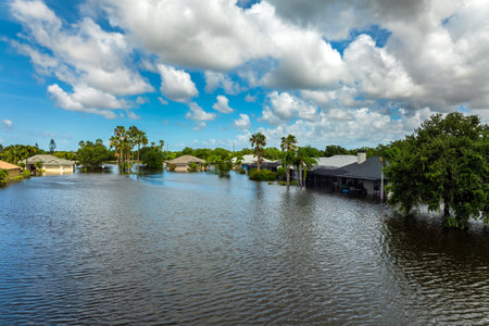 Flooded residential area with underwater houses from hurricane Debby rainfall water in Laurel...