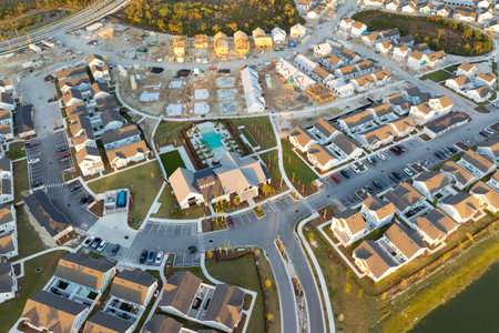 Houses under construction in American suburbs. Development of residential housing. Real estate...
