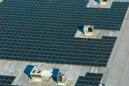 Photovoltaic solar panels mounted on industrial building roof for producing green ecological...