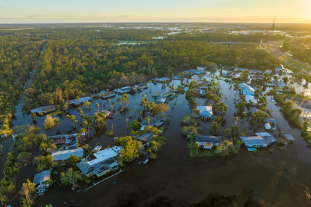 Surrounded by hurricane Ian rainfall flood waters homes in Florida residential area. Aftermath of natural disasterの写真素材