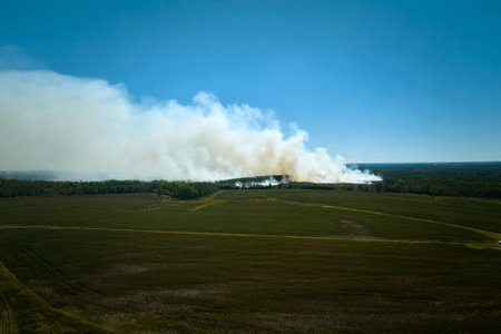 View from above of dense smoke from woodland and field on fire rising up polluting air. Concept of natural disasterの写真素材
