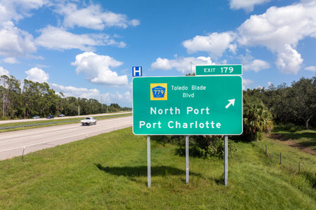 American interstate highway directional exit sign on fast motorway in Florida, USA. I-75 freeway...