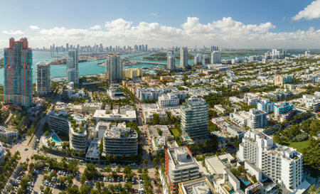 American southern architecture of Miami Beach. South Beach high luxurious hotels and apartment buildings. Tourist infrastructure in southern Florida, USAの写真素材