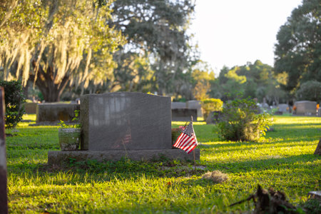 Old cemetery with grave stones under oak trees on green grass lawn in Orlando, Florida. Concept of deathの写真素材