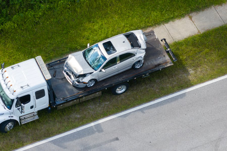 Tow truck hauling smashed vehicle on car accident site. Emergency services personnel responding to traffic crash on American street. First responders helping on road in the USAの写真素材