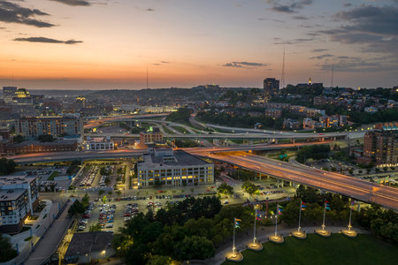 View from above of USA transportation infrastructure. Aerial view of American highway junction at...