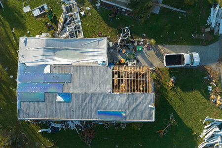 Aerial view of natural disaster consequences. Severely damaged by hurricane Ian mobile homes in Florida residential areaの写真素材