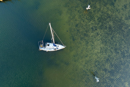 Aerial view of sunken sailboat on shallow bay waters after hurricane in Manasota, Floridaの写真素材